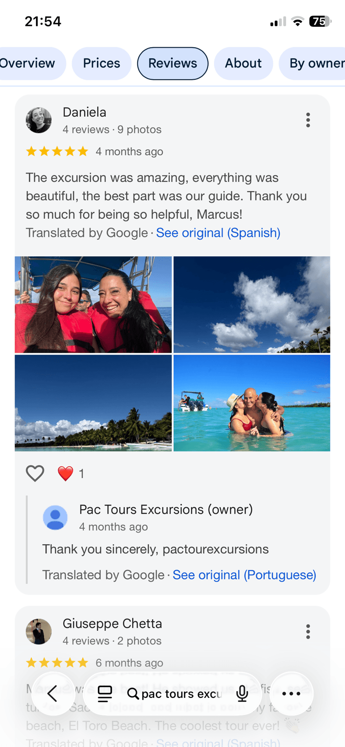 Screenshot of a 5-star Google review for Pac Tour Excursions from Daniela praising the guide